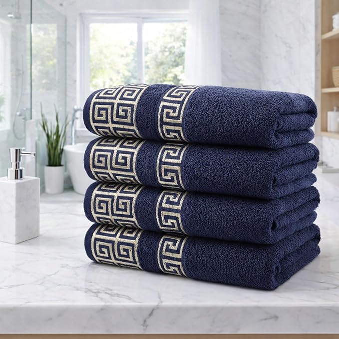 Luxury 4 Piece Bath Towel Set with Greek Key Design - 100% Cotton Soft & Absorbent Bathroom 27x54 in Extra Large Towels - Quick Dry & Durable - Navy Blue Towels Set for Home, Spa & Hotel Use AA4