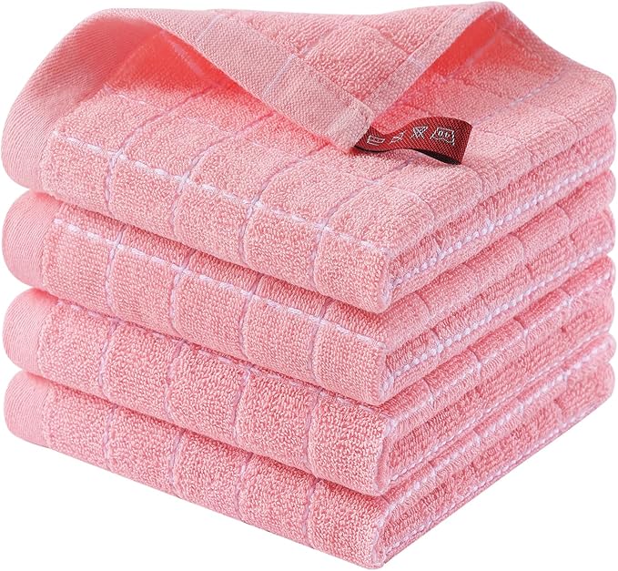 Homaxy 100% Cotton Terry Kitchen Dish Cloths, Ultra Soft and Absorbent Dish Towels for Kitchen, Suitable for Drying and Washing Dishes, 4 Pack, 12 x 12 Inches, Pink