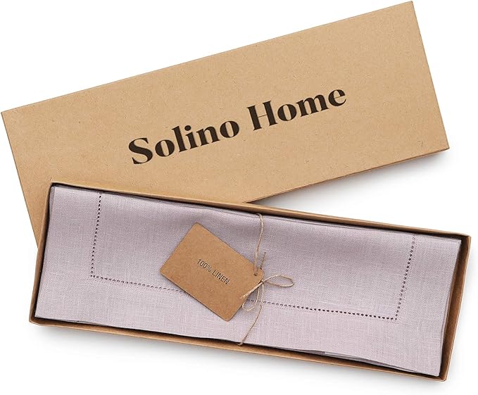 Solino Home Linen Placemats Set of 4 - Classic Hemstitch Lilac Placemats 14 x 19 Inch - 100% Pure Linen Table Mats for Mothers Day, Spring, Summer