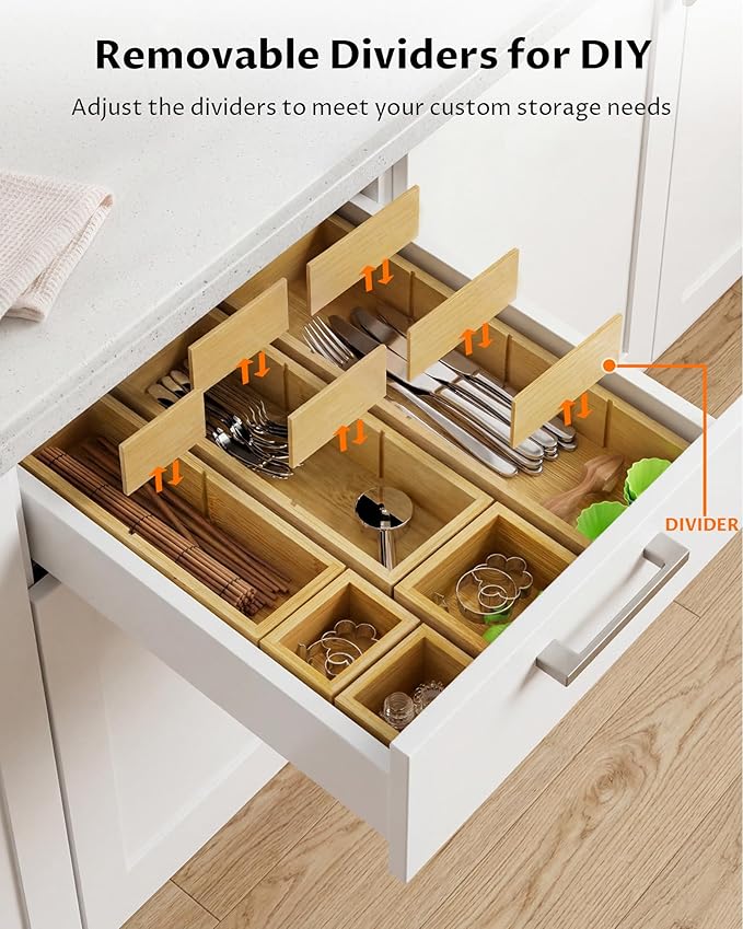 12 Compartments Silverware Drawer Organizer, 6 Piece Bamboo Utensil Tray Set for Kitchen Spoons Forks Knives, Adjustable Cutlery Holder with Removable Dividers for Flatware, Bedroom & Living Room