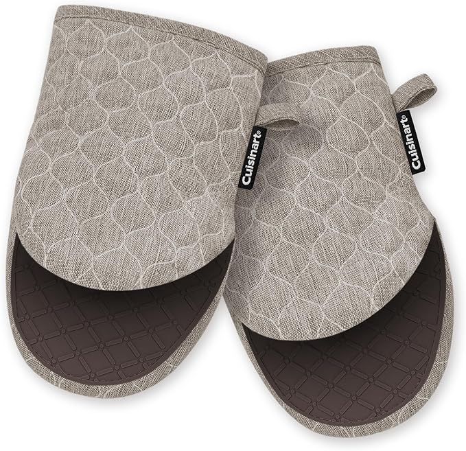 Cuisinart Mini Oven Mitts – 5.5” x 8” Heat-Resistant Kitchen Mitts for Oven with Non-Slip Printed Silicone, Cotton Filling, and Faux Leather Loop – Durable Oven Mitt Set for Cooking & Baking