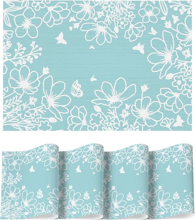 Artoid Mode Bule Weed Wild Flower Vinyl Plastic Placemats Set of 4, 12x18 Inch Woven Washable Non-Slip PVC Place Mats for Party Kitchen Dining Decor