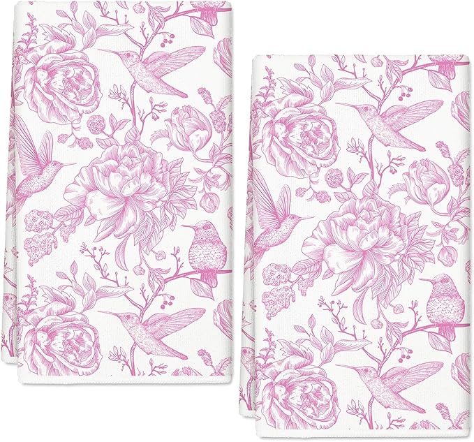 Pink Floral Kitchen Towel Flower Birds Dish Towel 18 x 28 Inch Hand Drying Tea Towel for Cooking Baking Party Supplies, 2Pcs