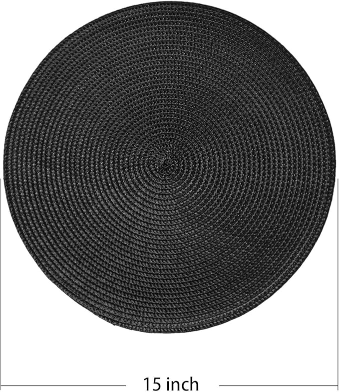 AHHFSMEI Round Placemats Set of 6 Heat Resistant Washable Non-Slip Woven Braided Table Mats for Dining Table Kitchen & Home Decor (Black)