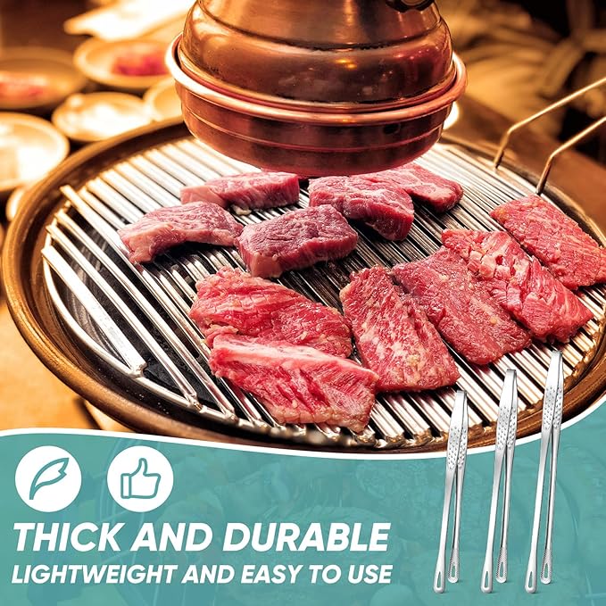 meekoo 6 Pcs 3 Size Stainless Steel Korean BBQ Grill Tongs Japanese Barbecue Tongs for Cooking Portable Kitchenware Home Outdoor Steak Salad Food(9.5+7.8+3.2 Inches)