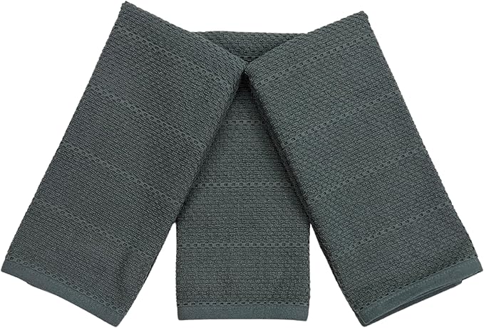 Serafina Home Dark Grey Gray Kitchen Hand Dish Towels: Oversized 28" x 18",100% Cotton Cloth Soft Cleaning Drying Absorbent Textured Design, Set of 3 Multipurpose for Everyday Use (Dark Grey)