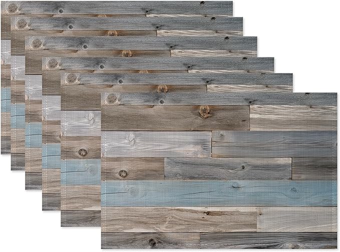 Vintage Barn Wooden Placemats Set of 6,Wood Grain Dinner Table Mats Non-Slip Washable Mats for Kitchen Dinner Party Tablemat 12x18Inch