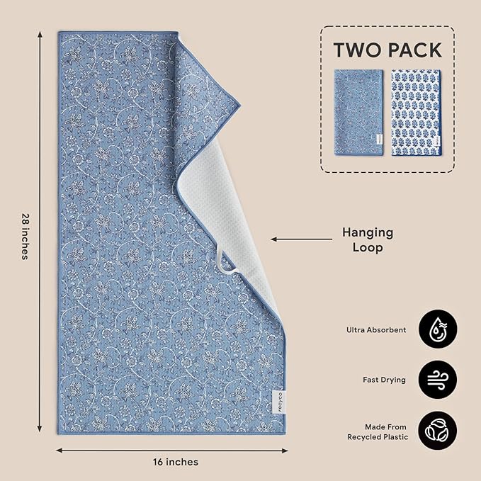 RECYCO Waffle Kitchen Towel Set of 2 - Quick Dry Microfiber Sustainable Dish Towels - Ultra Absorbent Reusable Cleaning Tea Towels - Lightweight Hand Towels,16”x 28”, Porcelain Blue