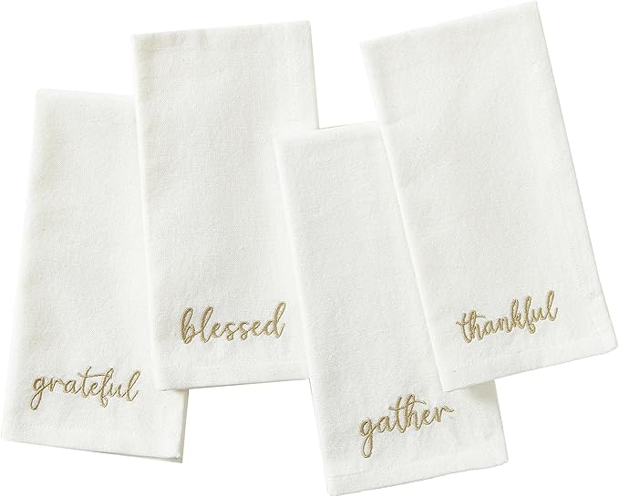 Elrene Home Fashions Harvest Fall Sentiment Embroidered Napkins, Set of 4, 17"x17", Ivory
