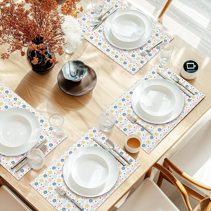 Cotton Linen Waterproof Placemats Set of 4, Boho Floral Dining Mat Table Mats Decor Fabric for Kitchen Dinner Coffee Shop Table, Indoor/Outdoor Washable Wipeable Placemat -N034