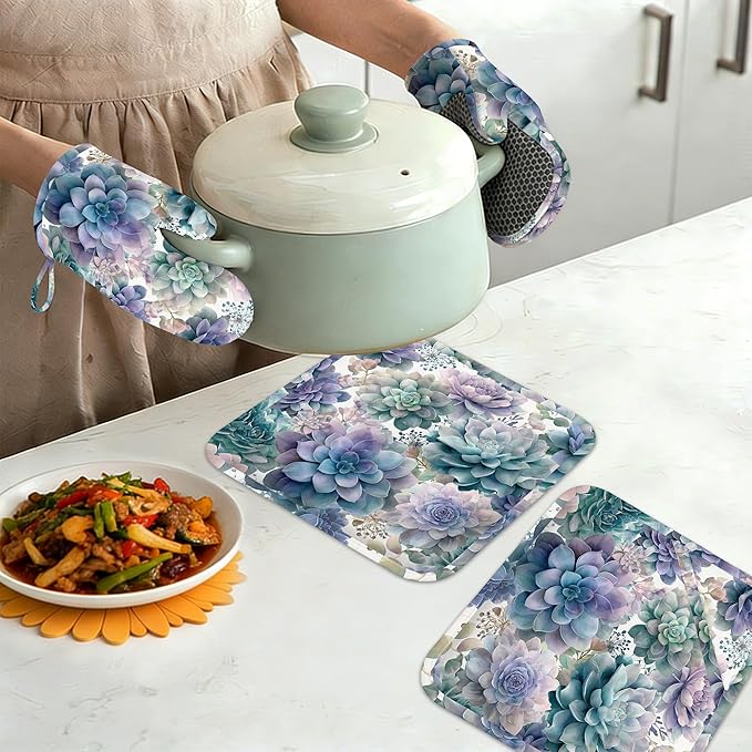 Succulent Botanical Floral Oven Mitts and Pot Holders Sets of 4, Heat Resistant Silicone Oven Mitts Gloves Non-Slip Kitchen Mittens Potholders for Cooking Baking Grilling BBQ