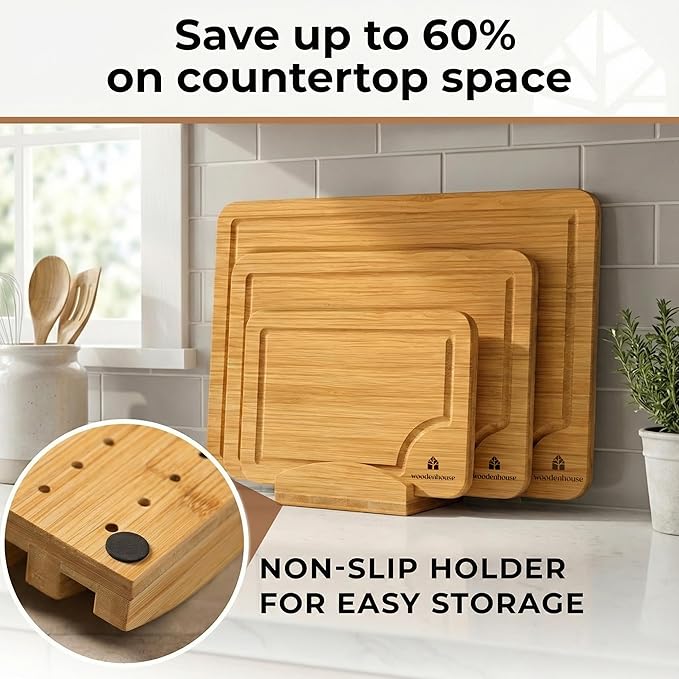 Bamboo Cutting Board Set of 3 - Thick & Durable Wood Cutting Boards with Deep Juice Grooves & Build-in Handles, Large Surface, Easy to Clean – for Meat, Vegetables and Fruits (Set of 3 with Holder)