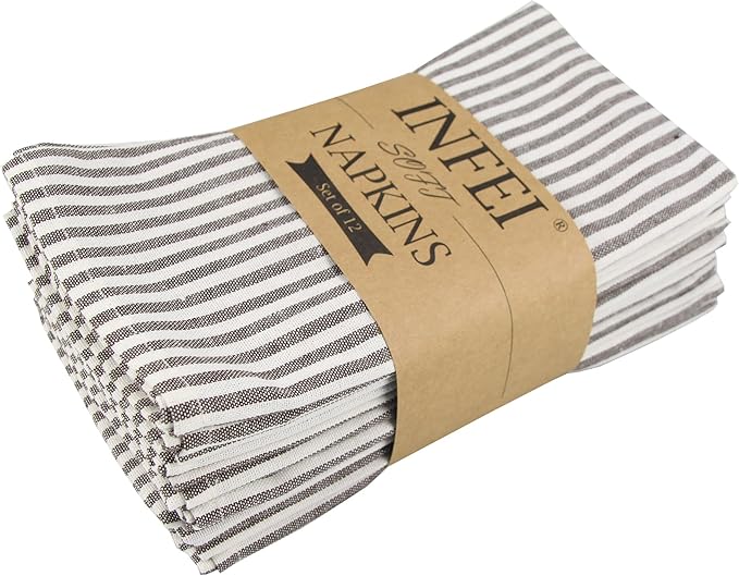 Plain Striped Cotton Linen Blended Dinner Cloth Napkins - Set of 12 (40 x 30 cm) - for Events & Home Use (Brown)