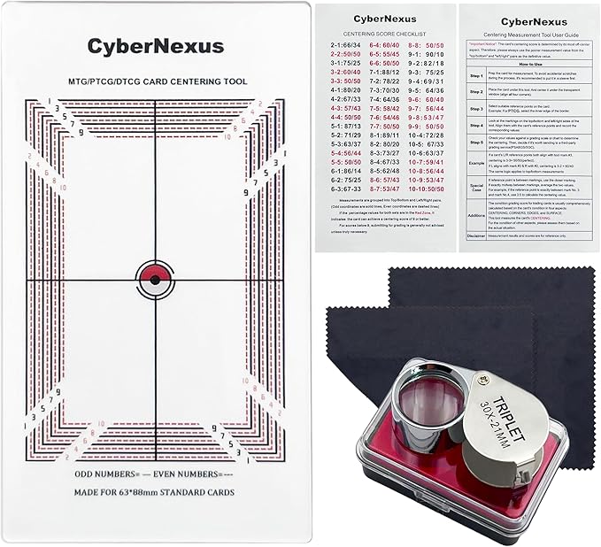 Card Grading Centering Tool for Pokemon, Trading Cards Measuring Tools, Come with Cleaning Cloth Kit & 30X Magnifying Implement for PSA's Latest Grading Standards/BGS Submissions
