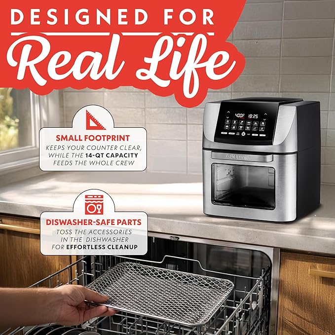 Gourmia Air Fryer - 14 Qt All-in-One Rotisserie Oven with Digital Display, 12 Presets, Roast, Bake, Broil, Dehydrate, Dishwasher Safe Accessories, Stainless Steel