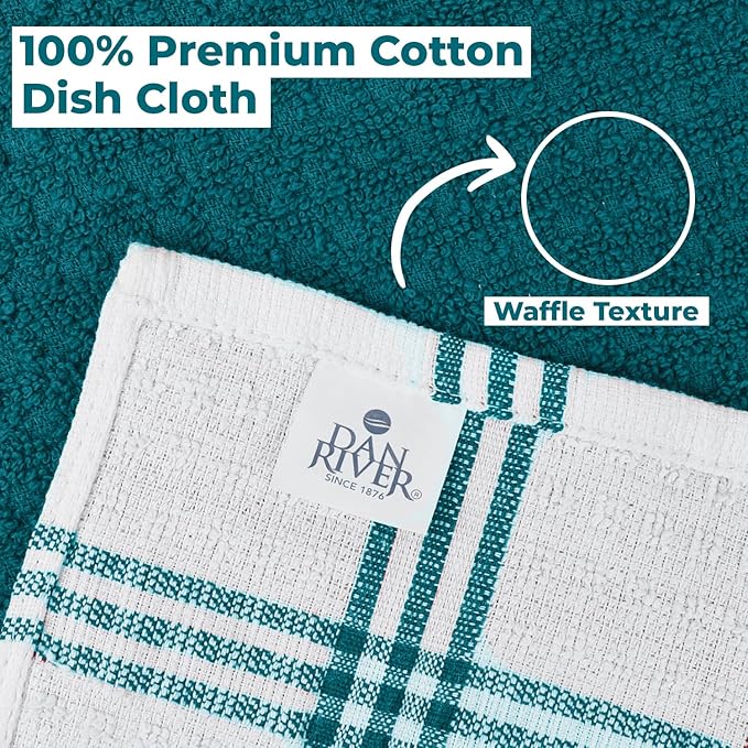 DAN RIVER Premium Dish Cloth 100% Cotton 12 X 12 Inches |Pack of 8|-Ultra Soft Tea Towels-Highly Absorbent Kitchen Rags-Terry Dishcloth for Kitchen and Household Cleaning |Teal|