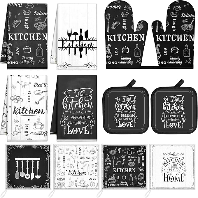 Bencailor 12 Pcs Farmhouse Kitchen Decor and Accessories Sets 4 Black and White Kitchen Towels 4 Absorbent Dishcloths 2 Pot Holders 2 Oven Mitts Gloves for Home Decor Mom Gifts