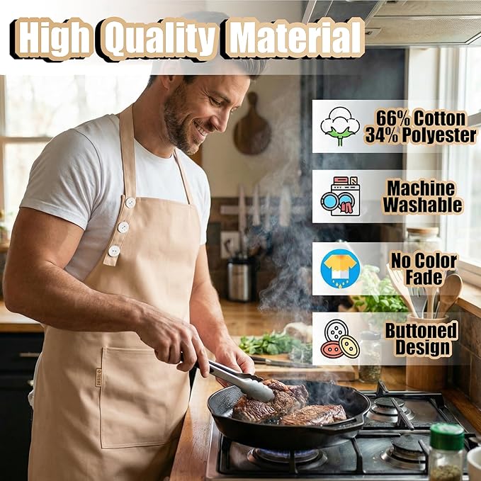 TOSHE Kitchen Apron Waterdrop Resistant Cotton Apron with adjustable Aprons for Women with Pockets 10 Color option Cooking Beige Apron(Beige)
