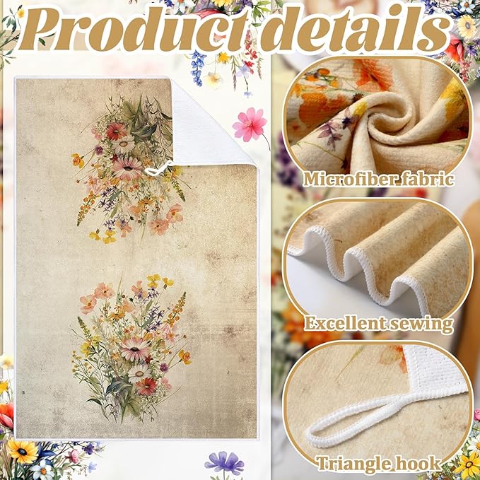 Bencailor 6 Pcs Wildflowers Kitchen Towels Decorative Sets Dish Towels Absorbent Fast Drying Hand Tea Vintage Hanging Reusable Cleaning Dishcloths for Cooking Farmhouse Bathroom Accessory