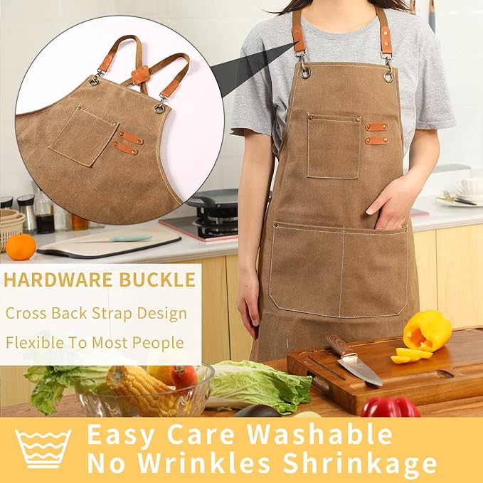 Tosewever 2 Pack Canvas Cross Back Chef Apron for Men Women with Pockets, Cotton Tool Aprons for Cooking Kitchen BBQ Artist