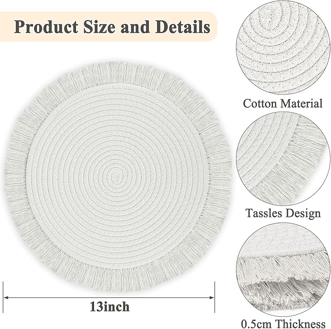 Round Placemats Set of 4 Table Mats 13Inch Washable Cotton Heat Resistant for Dining Table Decor, Farmhouse Thick Rustic Kitchen Placemats Non-Slip Hand Woven Boho Placemats for Thanksgiving Christmas