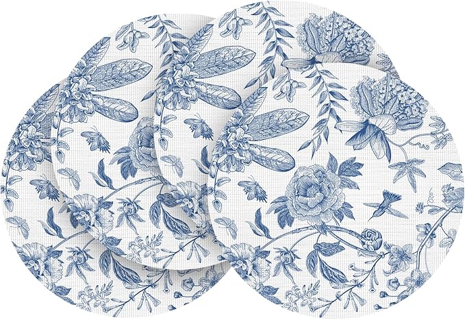 Artoid Mode Blue Floral Vinyl Round Spring Placemats Set of 4, Washable Heat Resistant Non-Slip Woven Summer Plastic PVC Place Mats for Farmhouse Party Kitchen Dining Decor