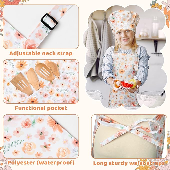 GROBRO7 4Pcs Kids Apron and Chef Hat Set Gift for Girls, Floral Print Adjustable Kitchen Cooking Child Aprons with 2 Pockets Waterproof Smocks for Baking Painting Crafting