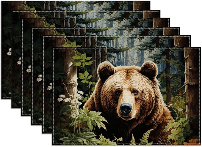 Forest Brown Bear Placemats Set of 6, Washable Heat Resistant Table Mat Animal Linen Place Mats for Party Kitchen Dining Home Decor 12x18 Inch