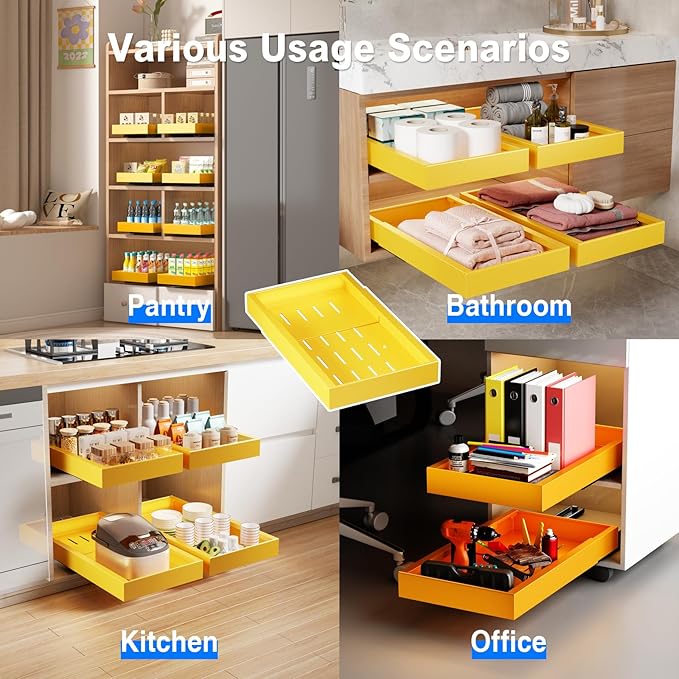 Mustorn 2 Pack Pull Out Cabinet Organizer,21.8" Deep Slide Out Drawer for Cabinets Adhesive Pull Out Drawers Heavy Duty Pull Out Shelves for Kitchen,Cupboard,Pantry,Bathroom-Yellow