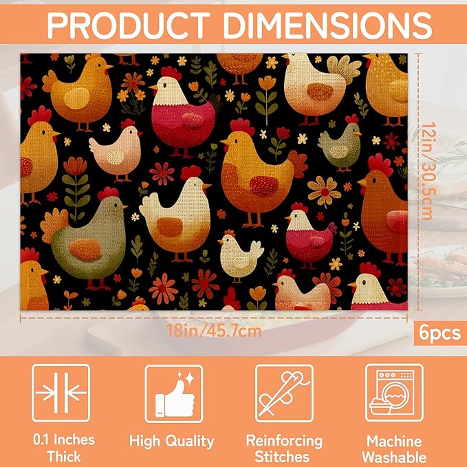 Cute Roosters Table Mats Set of 6,Chickens Non-Slip Washable Placemats for Restaurant Home Kitchen Dinner Table 12x18Inch