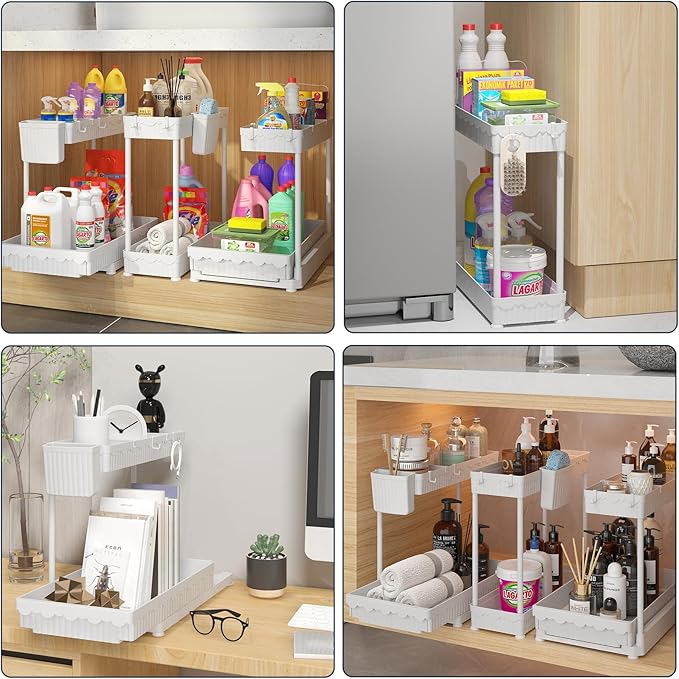 Sevenblue 3 Pack Multi-Purpose Under Sink Organizers and Storage, 2026 L-Shaped Pull Out Cabinet Organizer for Bathroom & Kitchen, Under Cabinet Organizer with Hooks Hanging Cup (White, 12.85 inch)