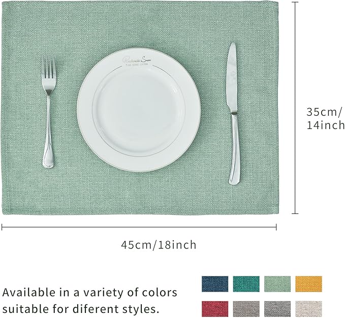BALCONY & FALCON Placemats Set of 6 Faux Linen Cloth Place Mats Washable Waterproof Wrinkle Resistant Table Placemats for Dining Kitchen Farmhouse Indoor & Outdoor Use(Celadon Green, 13.8”x 17.7”