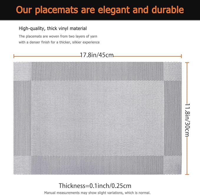 Placemats Set of 12 Washable&Wipeable Silver Place mats for Dining Table Kitchen Indoor Outdoor Table Mats Heat Resistant Non Slip Woven Vinyl Table Placemats (Grey，12PCS)