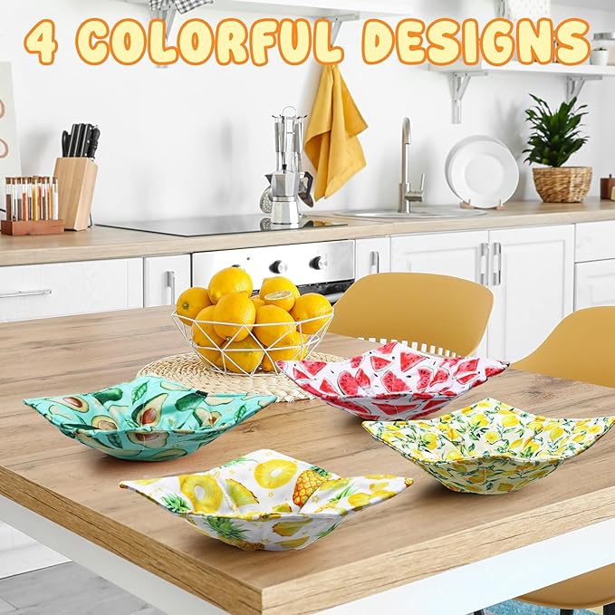 CHENGU 4 Pcs Fruit Cotton Microwave Bowl Cozy Holders for Hot Food Hot Pad Soup Bowl Potholder Heat Resistant Multipurpose Quilted Safe Holder for Kitchen Plate Supply Fruit Colors