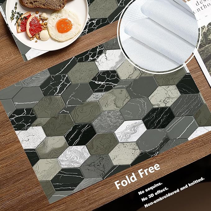 Batmerry Hexagonal Tiles Placemats, Gray and White Hexagons Washable Linen Table Mats for Kitchen Table Double Insulation Decor Dining Set Indoor Outdoor 12X18 in Set of 4