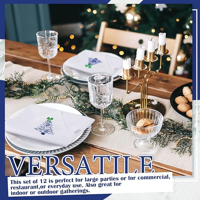 HunnmingRe 12 Pcs Christmas Tree Blue and White Cloth Napkins Chinoiserie Embroidered Cotton Hand Towels Blue Guests Napkin for Xmas Holiday Weddings Dinner Parties Washable 17x17 Inch