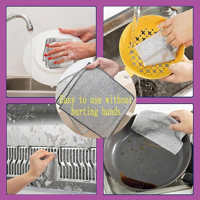 Double layer metal wire scratch free cloth, dry and wet dual-purpose metal wire dishwashing cloth, suitable for kitchen cleaning, cookware, tableware, sink, stove, etc., easy to rinse (10 pieces)