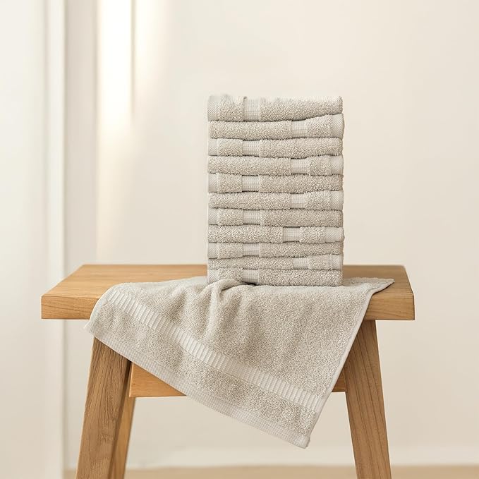 SALBAKOS 100% Turkish Cotton Washcloth Set of 12, 13x13 inch | Premium Quality | Hotel & Spa Collection | Ultra Soft, Super Absorbent, Wash Cloth Towels | Made in Turkey (Stone, 12 Washcloths)