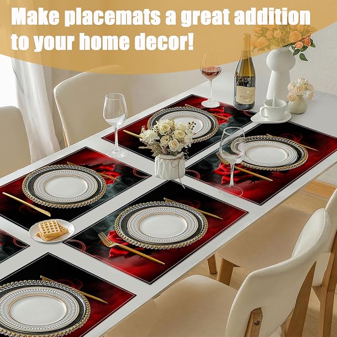 Red Rose Placemats Set of 6, Vintage Flower Linen Place Mat Washable Stain Resistant Table Mats for Farmhouse Kitchen Dining Holiday Party Wedding Decor 12x18 Inch