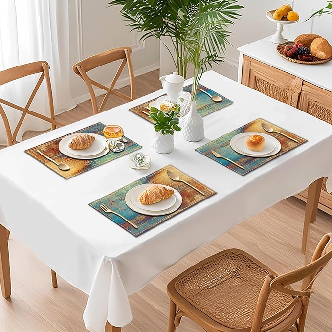 Farmhouse Placemats Set of 4 Blue Orange Teal Place Mats Modern Rustic Kitchen Table Mats - Linen Fabric Heat Resistant Wipeable Washable Placemat for Dining Coffee Table 12x18Inch
