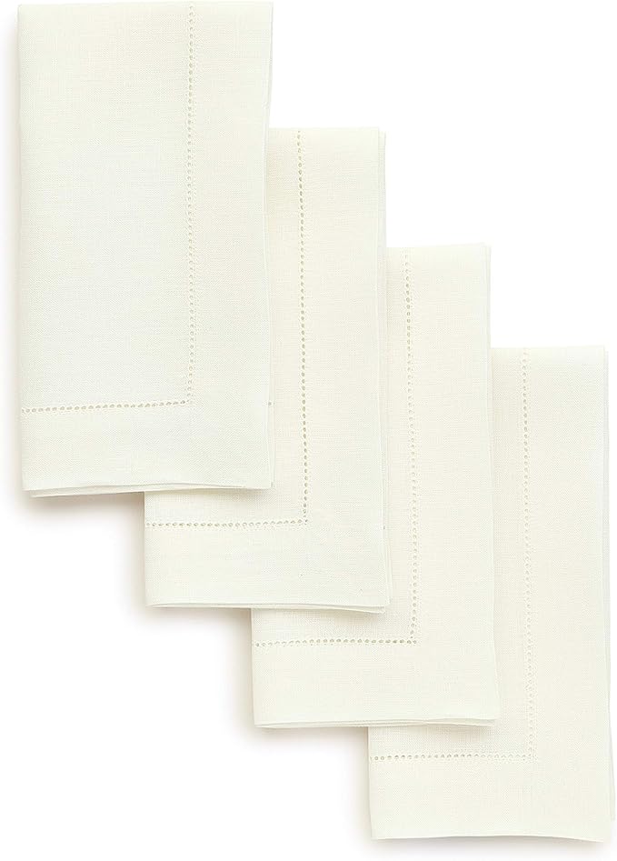 Solino Home Ivory Linen Napkins Set of 4-100% Pure Linen Hemstitch Dinner Napkins 20 x 20 Inch for Spring, Summer, Mothers Day - Classic Hemstitch
