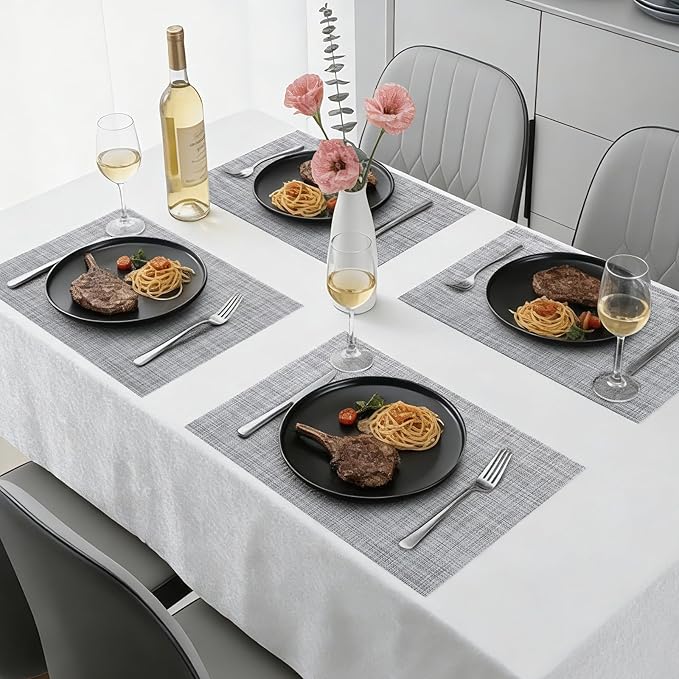 Timeet Placemats Set of 8, Heat Resistant Non-Slip Place Mats for Dining Table, Durable Washable PVC Vinyl Woven Table Mats, Linen Textured Placemats for Kitchen Resistant Easy to Clean(Gray