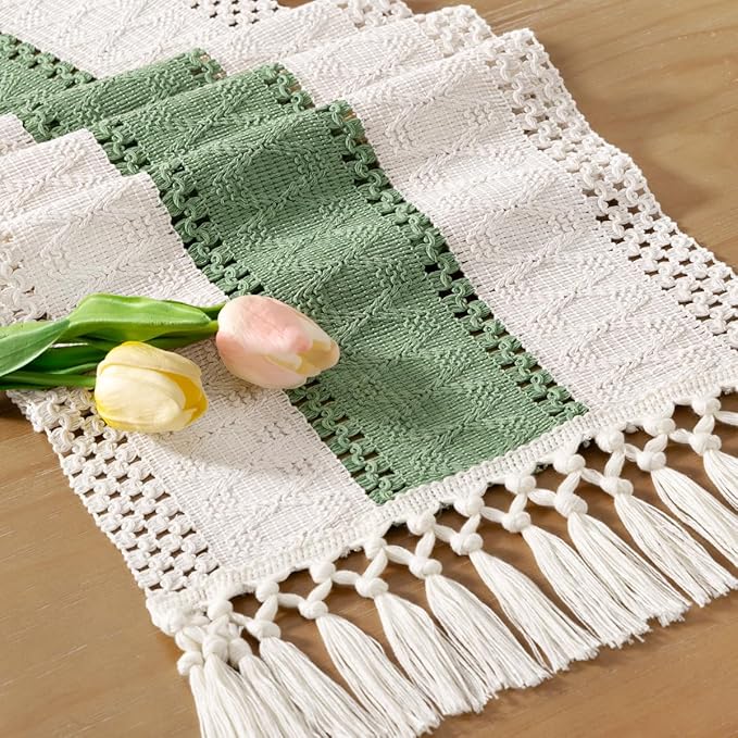 Socomi Boho Table Runner Easter Spring Farmhouse Rustic Dining Kitchen Decor Small Macrame Woven Cotton Linen Coffee Table Runner for Dresser Scarf Home Decor 12x60 inch Sage Green Ivory