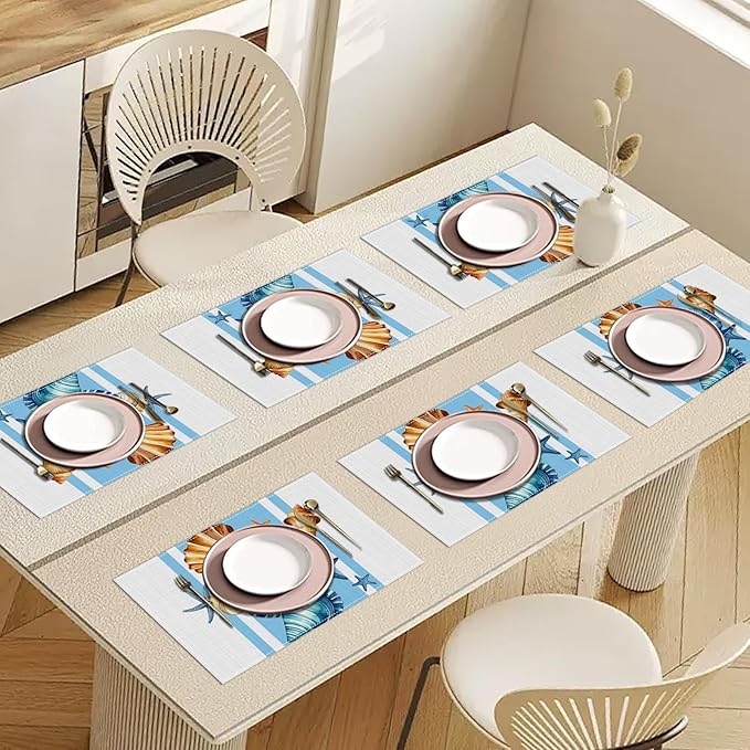 Sea Shell Starfish Placemats Set of 6, Washable Heat Resistant Table Mat Linen Place Mats for Party Kitchen Dining Home Decor 12x18 Inch