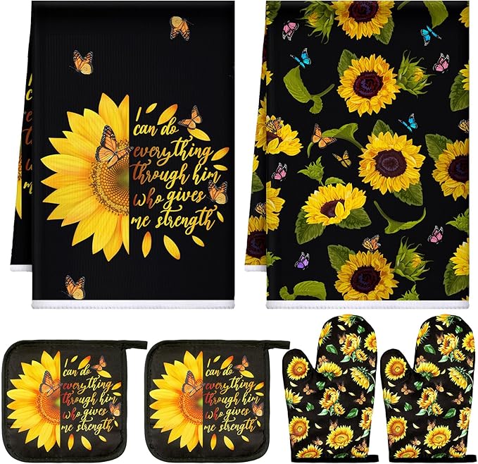 Bencailor 6 Pcs Spring Kitchen Decor Sunflower Pot Holders and Oven Mitts Sets Yellow Kitchen Towel 2 Farmhouse Cooking Mittens for Cooking Grilling Supply Accessories(Black,Sunflower)