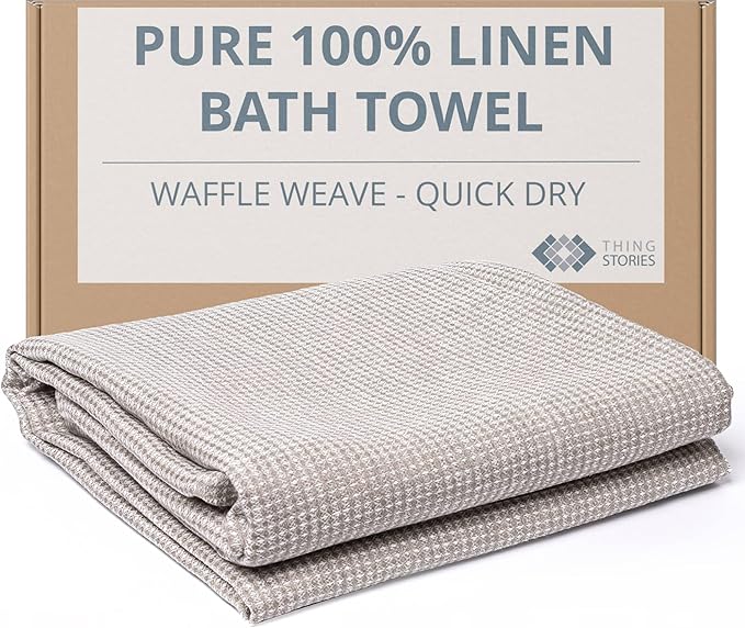Natural Flax Linen Bath Towel - Waffle Weave Towels for Bathroom - Lightweight Travel Towel - Quick Dry Absorbant Decorative