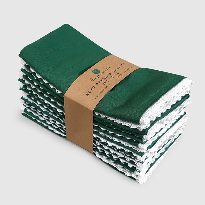 FINGERCRAFT Dinner Cloth Napkin Cotton Blend 4 Pack Vintage Rustic Premium Quality Mitered Corners Napkin Cloth with Elegant Lace for Everyday Use, Pre Shrunk and Good Absorbency 20x20 in Eden Green