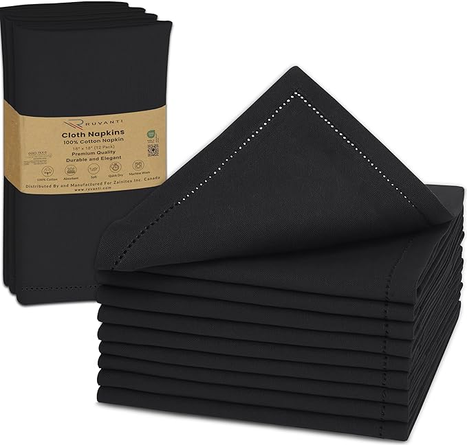 Ruvanti Cloth Napkins Set of 12, 100% Cotton High GSM 18x18 Inches, Hem Stitched Corners, Soft, Washable, Durable & Absorbent, Perfect for Parties, Christmas, Thanksgiving Dinners – Black Beauty