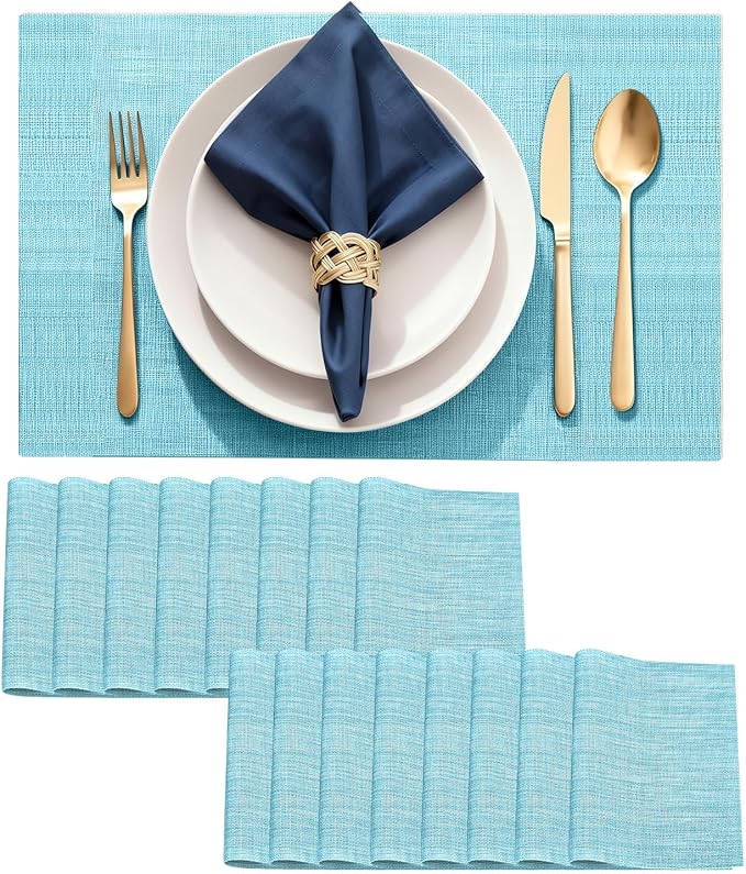 Durable Vinyl Placemats Set of 16, Non-Slip for Dining Table Mat, Heat Resistant Place Mats, Washable Anti-Slip PVC Easy to Clean Wipeable Premium Plastic Mats for Kitchen Blue