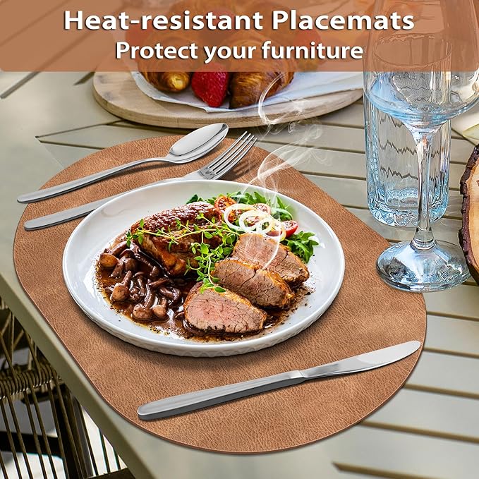 ADRIMER Placemats, Heat Resistant Oval Placemats Set of 6 Washable 12 x 17 Inch, Waterproof Table Mats, Wipeable Pu Place Mats for Kitchen, Dining Room, Sandy Light Brown
